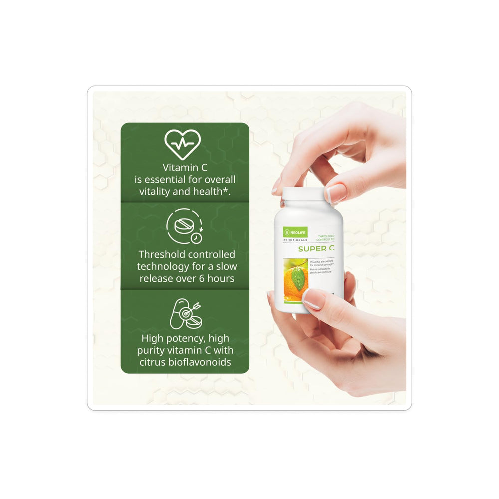 NeoLife Super C container highlights Neo-Plex Concentrate and acerola cherries for natural C sources.