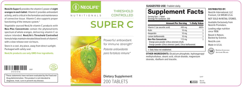 NeoLife Super C with orange juice powder suggests enhanced vitamin C from natural sources.