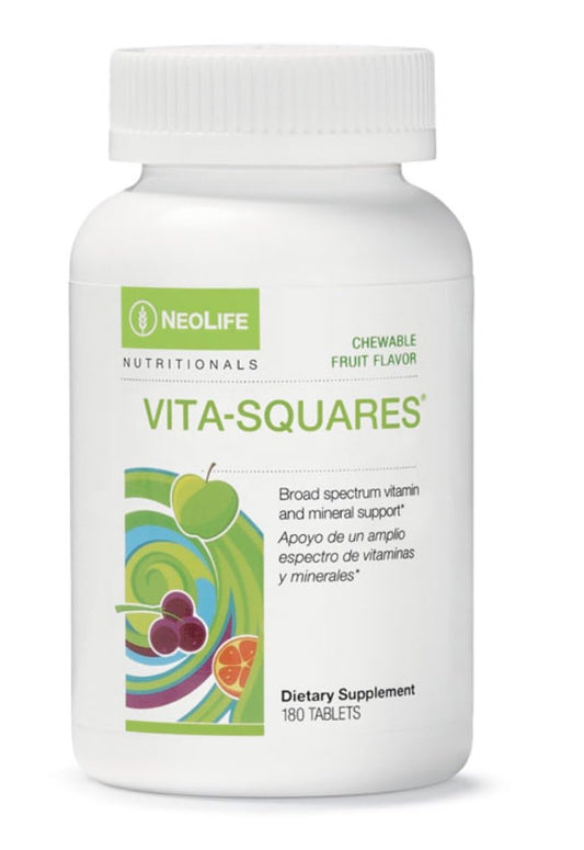 NeoLife Vita-Squares berry-citrus flavor chewables support kid nutrition with enjoyable taste.