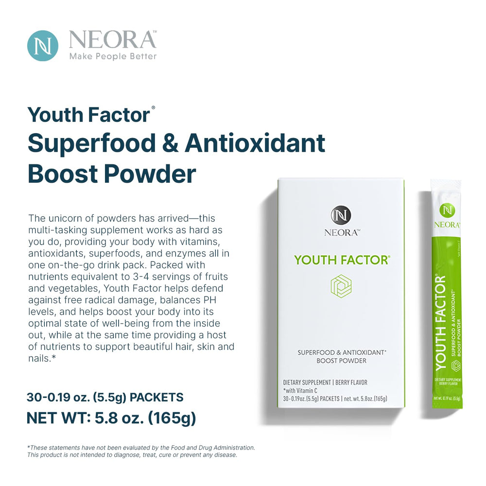 NEORA Youth Factor fruits-and-vegetables blend provides a natural nutrient boost.