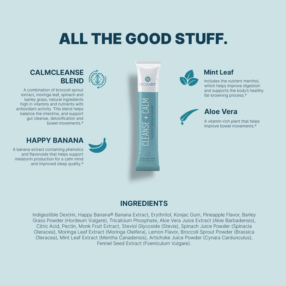 NeoraFit banana-flavored blend in water suggests a calming bedtime routine.