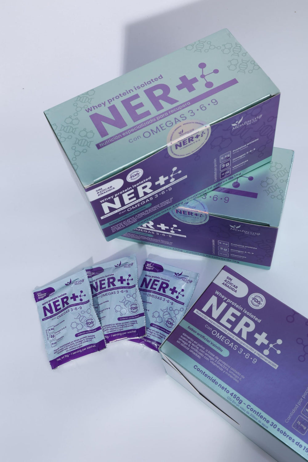 NER+ Powder scoop dispensing image suggests easy mixing into shakes.