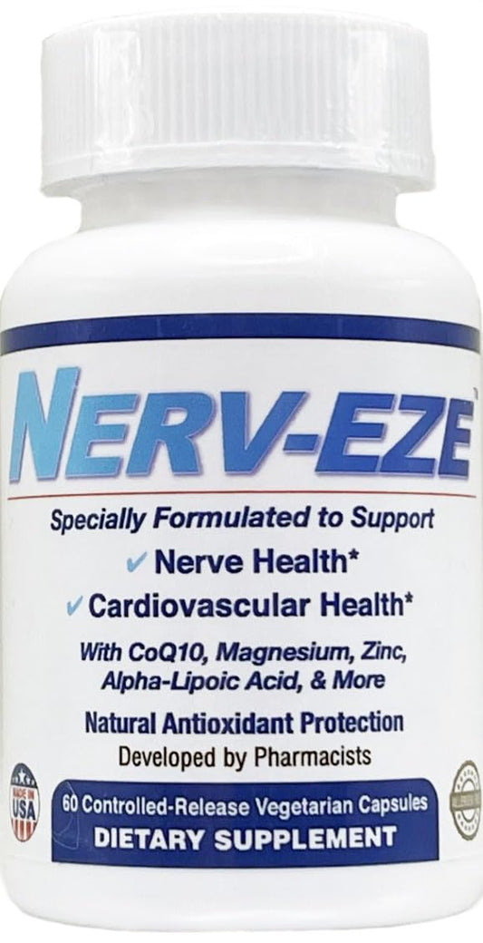 Nerv-Eze Advanced Neurovascular bottle shown for daily nerve support and cardio wellness.