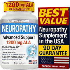 Nerve Guard bottle label shows 1200 mg ALA for nerve support