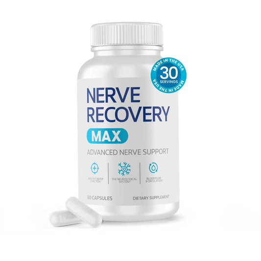 Nerve Recovery Max bottle front displays logo and label, signaling premium nerve support