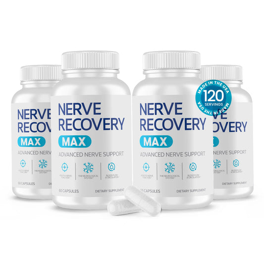 Nerve Recovery Max bottle front showing compact daily packaging for nerve support