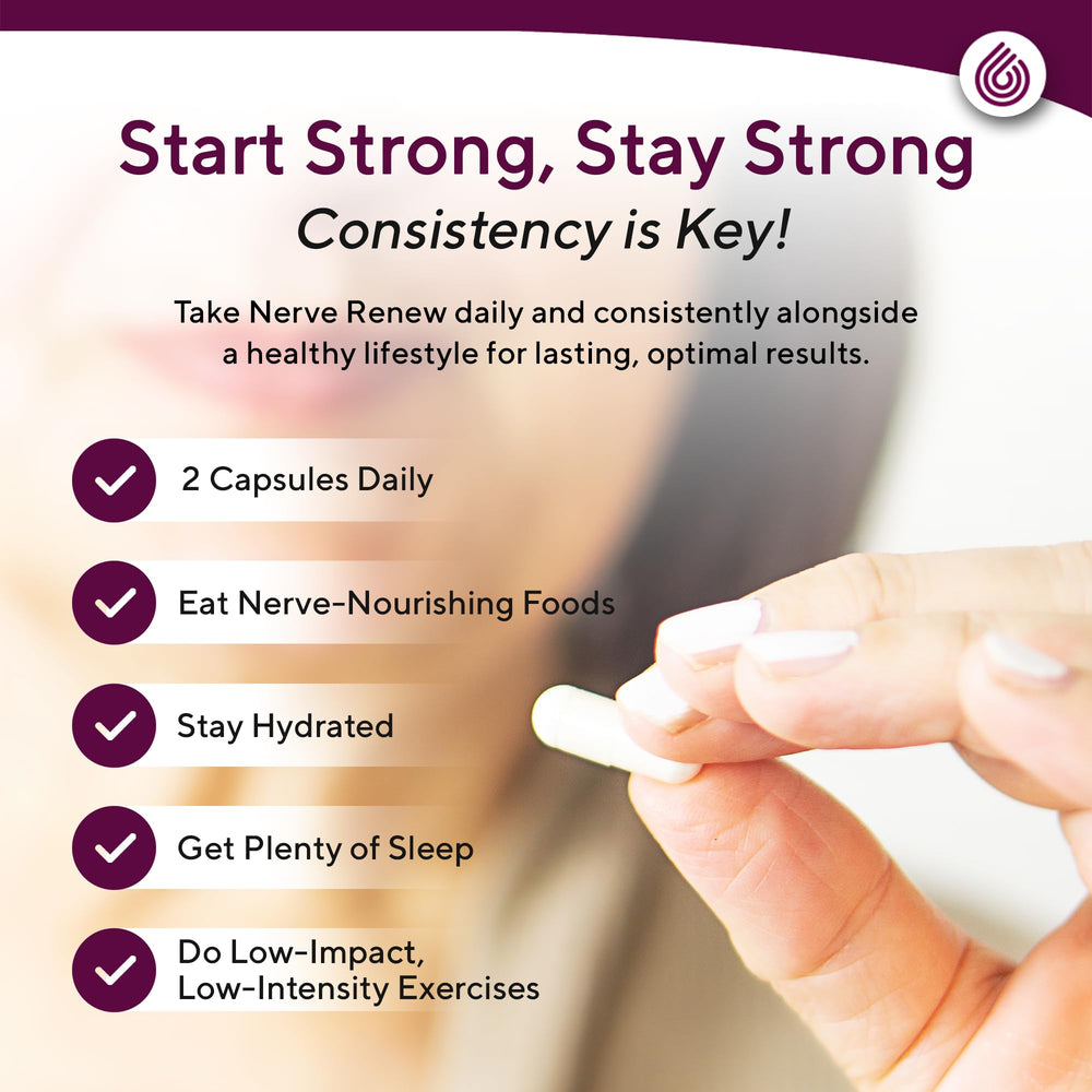 NERVE RENEW capsules with vitamin lineup indicating comprehensive nerve care.
