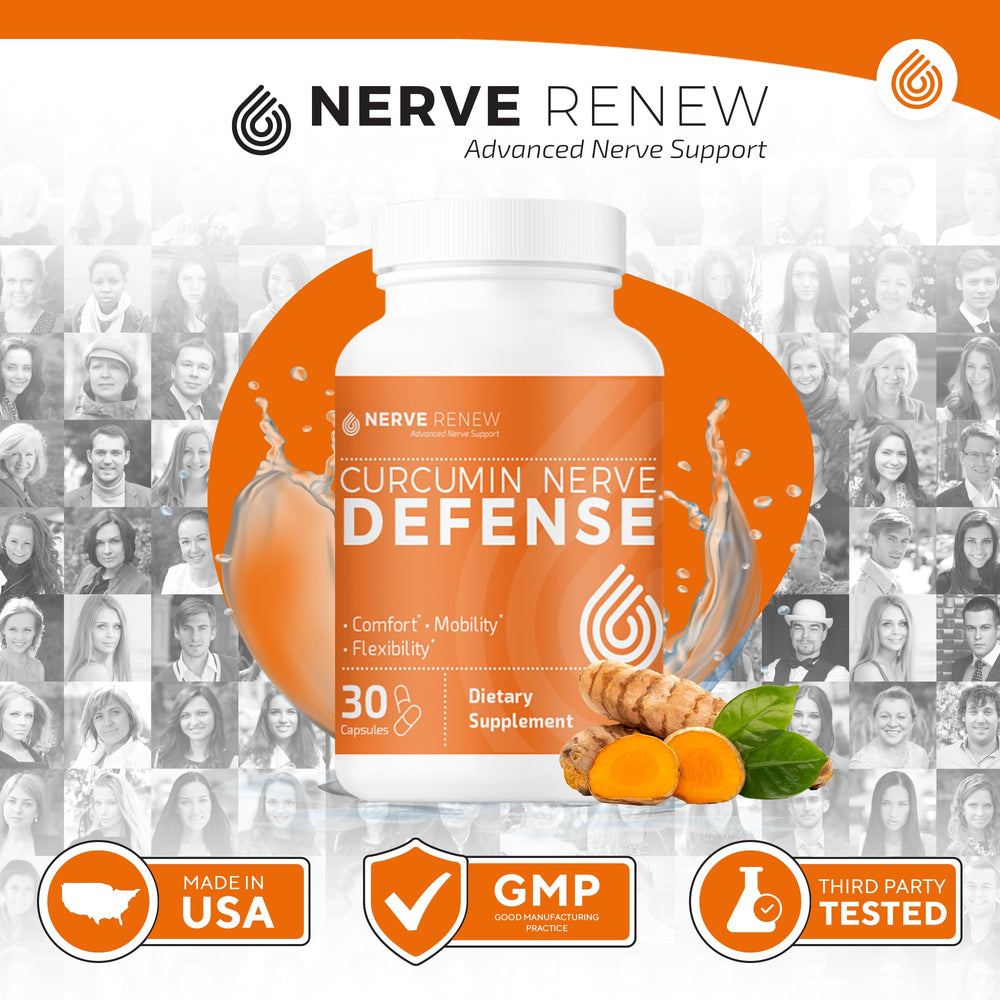 NERVE RENEW Curcumin bottle close-up conveys trusted quality and formulation details.