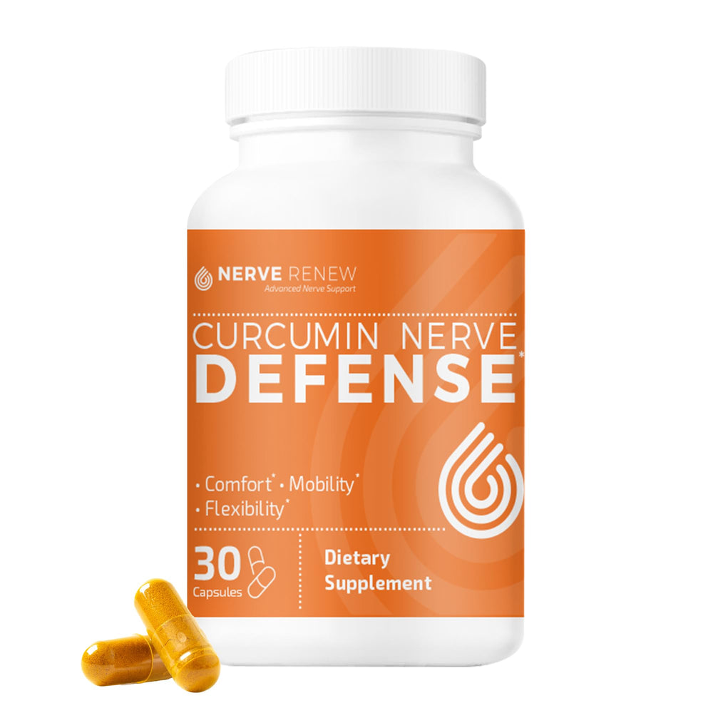 NERVE RENEW Curcumin Nerve Defense bottle shows easy daily support for nerve comfort.