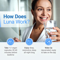 Nested Naturals Luna Melatonin-Free bottle label close-up highlights key botanicals.