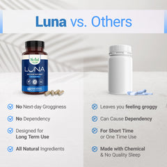 Nested Naturals Luna Melatonin-Free bottle lemon balm close-up suggests balanced evenings.