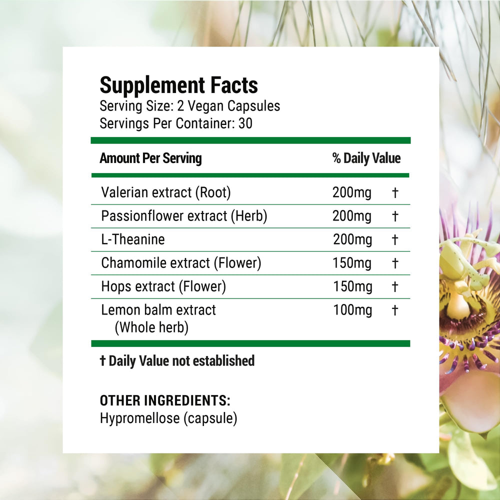 Nested Naturals Luna Melatonin-Free bottle valerian extract close-up signaling relaxation before bed.