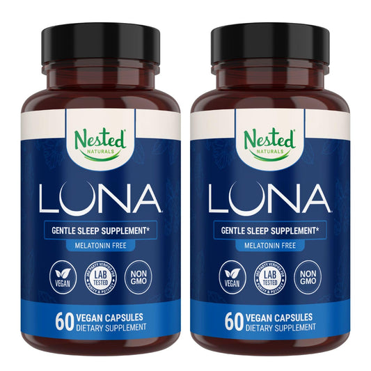 Nested Naturals Luna Melatonin-Free pack bottle front promotes calm, restful nights.