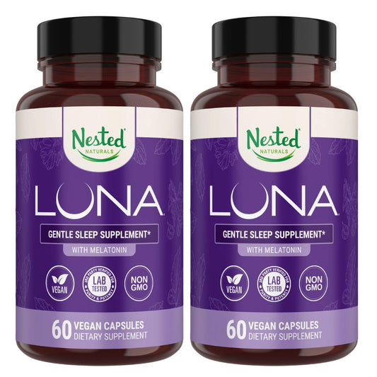 Nested Naturals Luna Sleep Aid bottle front view, highlighting vegan capsules for nighttime rest.