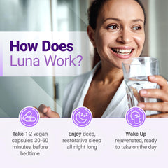 Nested Naturals Luna Sleep Aid label closeup, highlighting natural ingredients for safe sleep support.