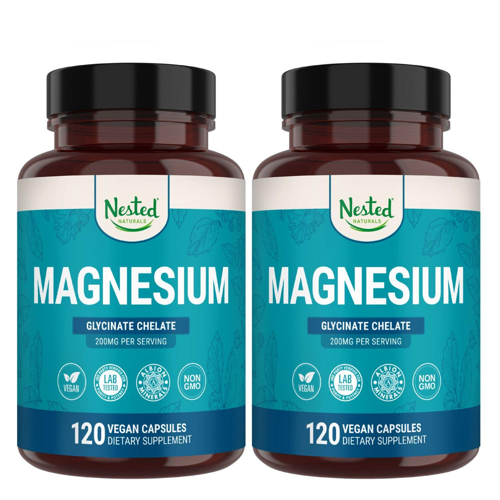 Nested Naturals Magnesium Glycinate bottle on a clean surface signaling calming support.