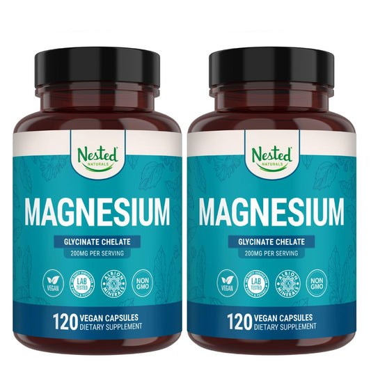 Nested Naturals Magnesium Glycinate bottle on a clean surface signaling calming support.