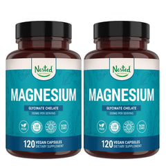 Nested Naturals Magnesium Glycinate bottle on a clean surface signaling calming support.