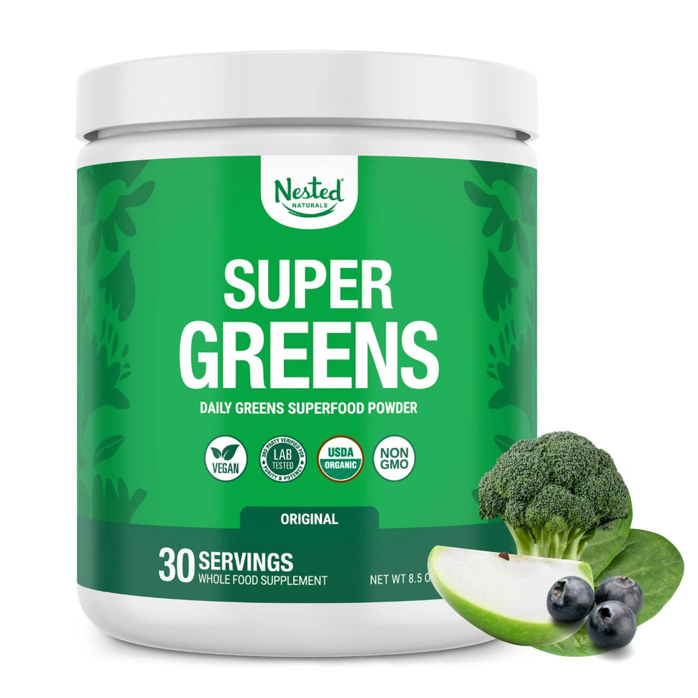Nested Naturals Super Greens tub front showing vibrant green powder for daily vitality.