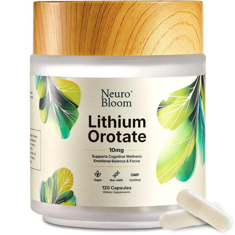 Neuro Bloom Lithium Orotate 10mg bottle for daily cognitive balance.