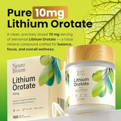 Neuro Bloom Lithium Orotate capsules in bottle highlight vegan, non-GMO formula.