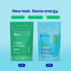 Neuro Energy & Focus Gum box back lists caffeine and L-theanine blend.