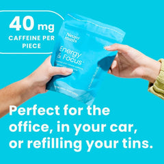 Label close-up on Neuro mints highlighting caffeine and vegan formula.