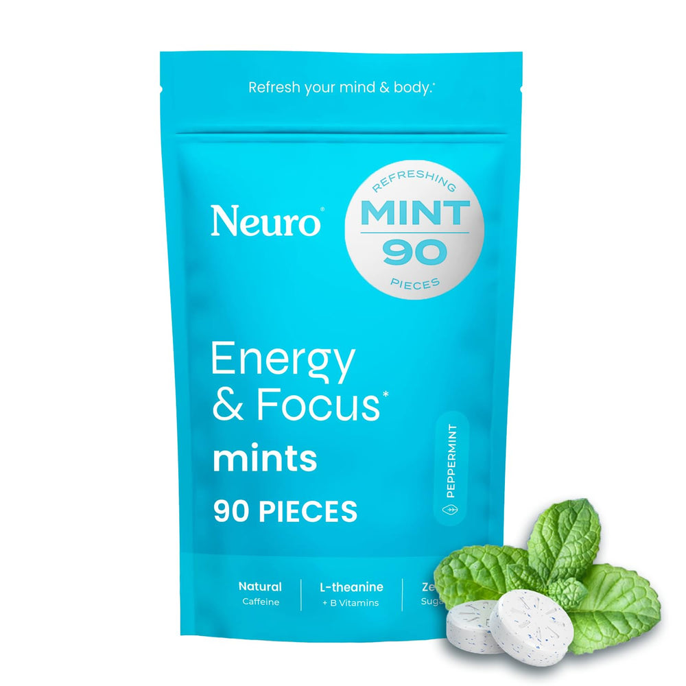 Neuro Energy & Focus Mints pack front view, sugar-free peppermint boost for study and exercise.