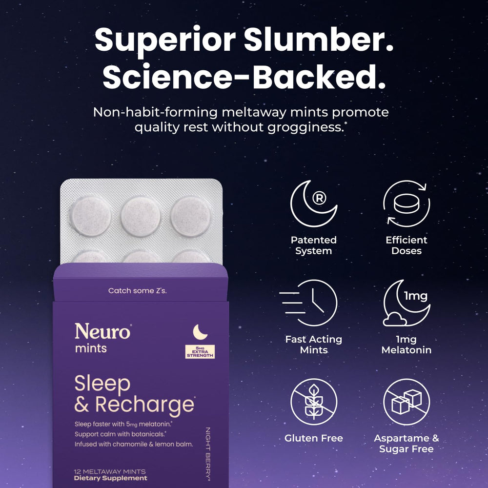 Neuro Sleep & Recharge mint tablet closeup highlights 5 mg melatonin dose