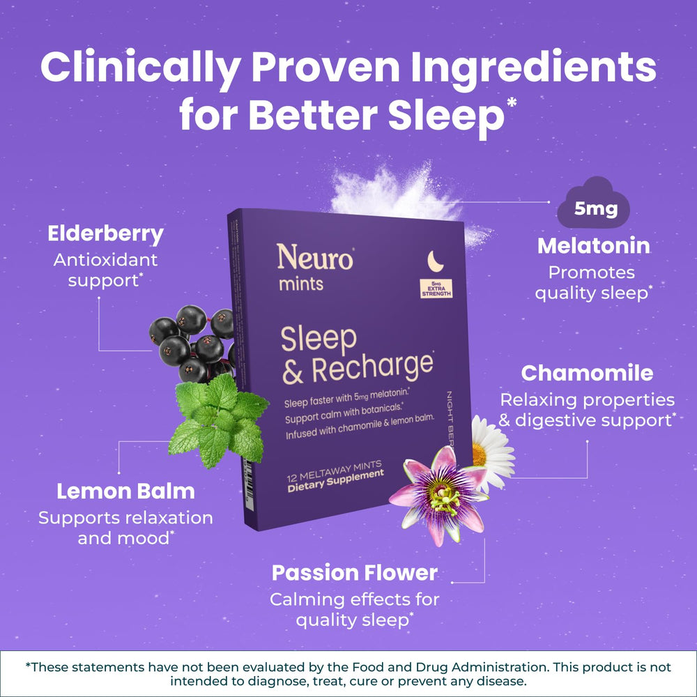 Neuro Sleep Meltaway Mints Night Berry bottle on nightstand for easy access.