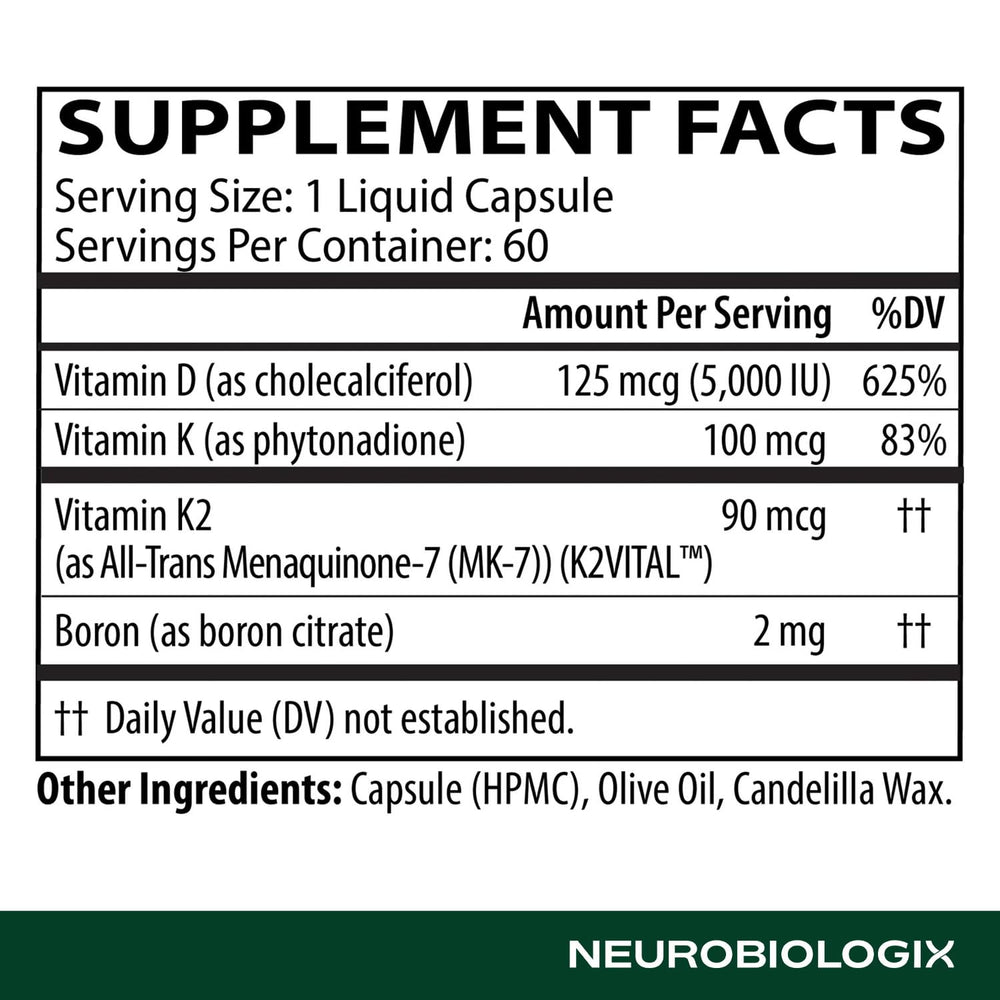 Neurobiologix D3 5000 + K1/K2 label highlights gluten-free and non-GMO features.