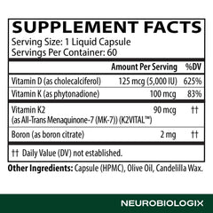 Neurobiologix D3 5000 + K1/K2 label highlights gluten-free and non-GMO features.