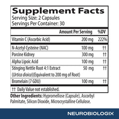 Packaging display of Neurobiologix Gut Histamine Support highlighting gluten-free and vegetarian facts