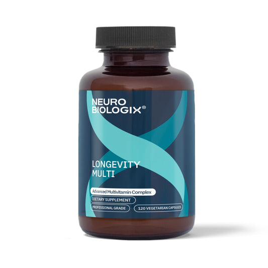 Neurobiologix Longevity Multi bottle front showing packaging for daily energy and wellness