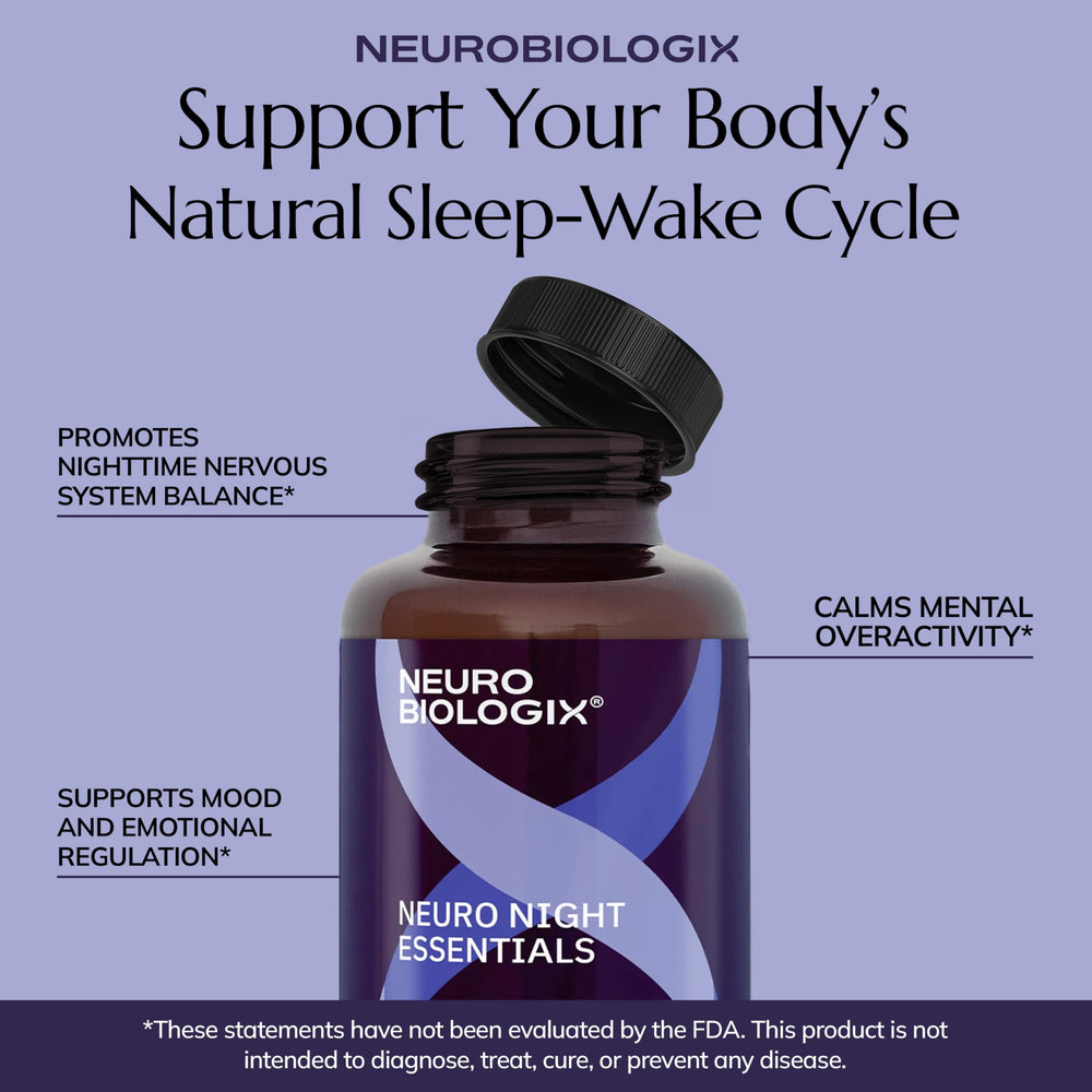 Bedside shot of Neuro Night Essentials bottle ready for night routine.