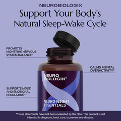 Bedside shot of Neuro Night Essentials bottle ready for night routine.