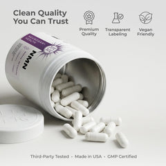 Neurogan Beta NMN bottle back emphasizes 900 mg per serving and 99.6% purity for consistency.