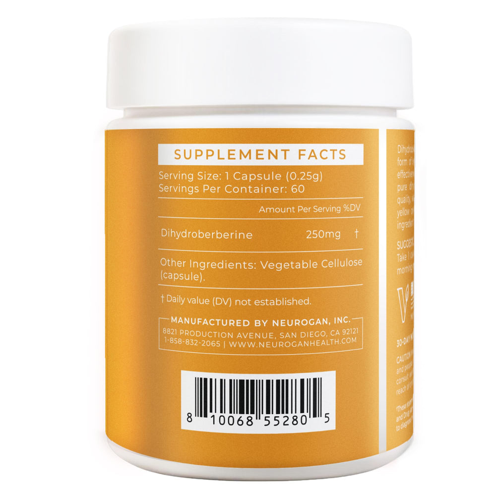Neurogan DHB capsules label closeup emphasizing purity and bioavailability.