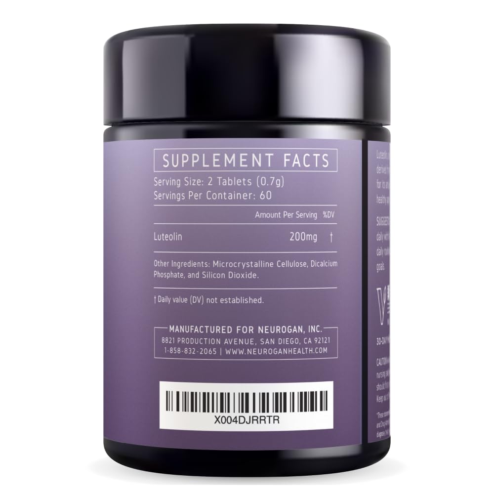 Neurogan Luteolin bottle label highlighting brain support benefits.