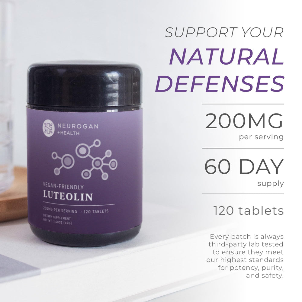 Close-up of Neurogan Luteolin tablet surface signaling quality.