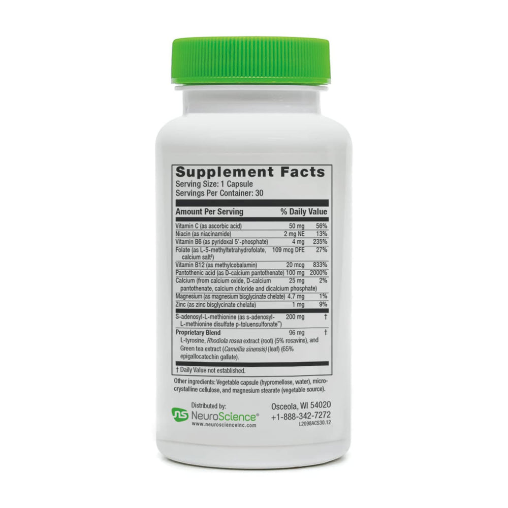 NeuroScience AdreCor capsules closeup highlighting L-Tyrosine and Rhodiola.