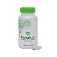 NeuroScience ExcitaPlus bottle front view highlighting adrenal support formula.