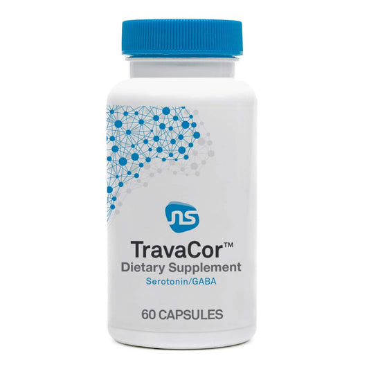 NeuroScience TravaCor bottle front promotes mood support for daily calm.