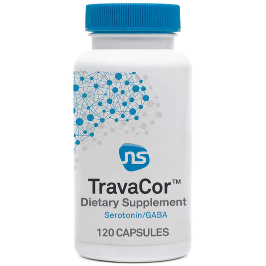 NeuroScience TravaCor bottle label highlighting mood support formulation for daily calm