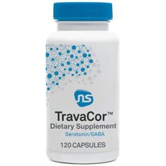 NeuroScience TravaCor bottle label highlighting mood support formulation for daily calm