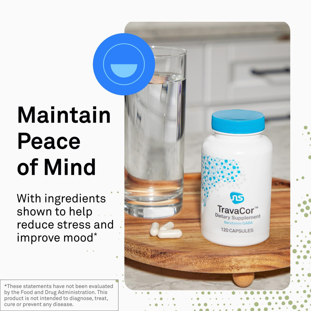 NeuroScience TravaCor bottle side shows label details, including key ingredients.
