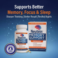 Neutein Memory & Focus capsules close-up shows plant-based ingredients for cognitive support.