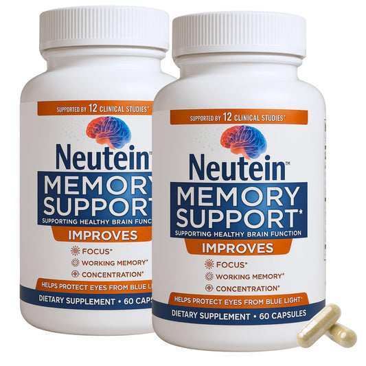 Neutein memory & focus bottle on white background supports daily brain health.