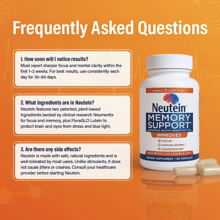 Neutein Memory & Focus pouring dose from bottle suggests quick cognitive support.