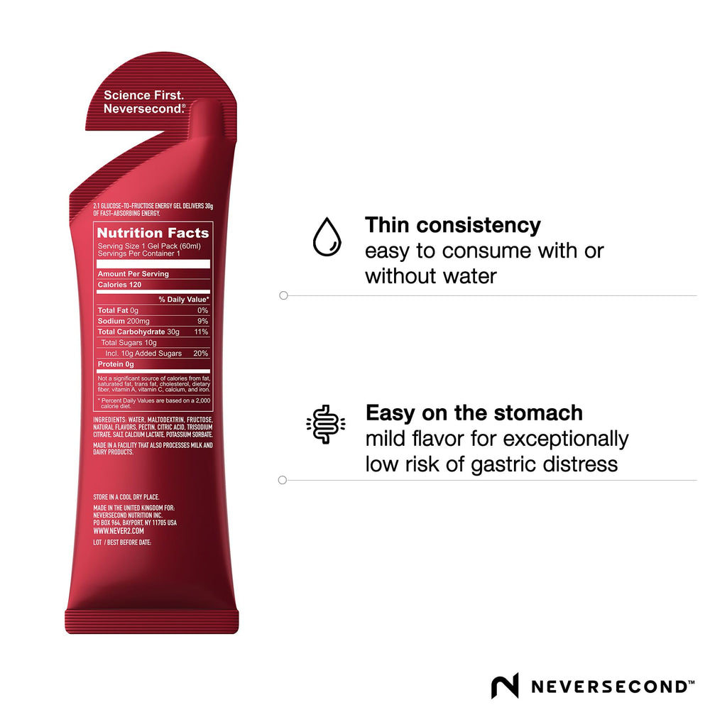 NeverSecond C30 uses a 2:1 glucose-to-fructose ratio for fast energy